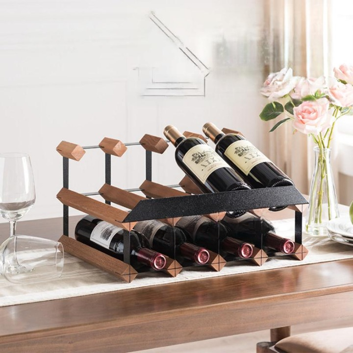 8-Bottle Wood Wine Rack, Countertop Display Holder with Metal Frame