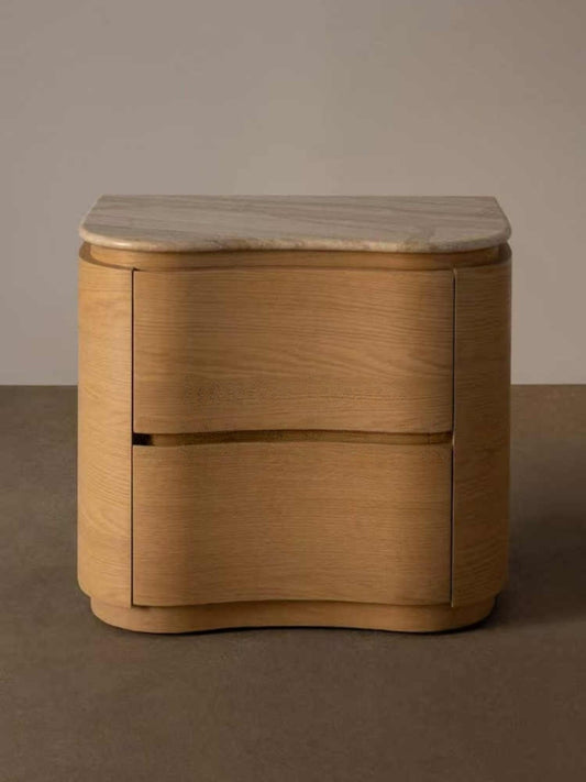 Solid Ash Wood & Marble Nightstand – Designer Curved Bedside Storage Cabinet, Ready Assembled
