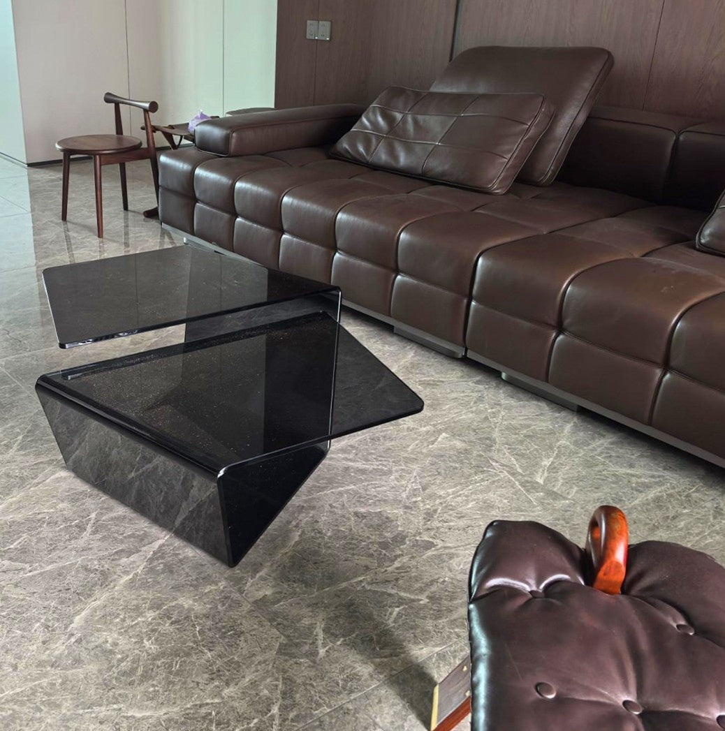 Smoked Gray Glass Coffee Table, Geometric Sculptural Cocktail Table with Asymmetrical Layered Surfaces, Modern Low Center Table for Living Room, Apartment, Lounge and Office