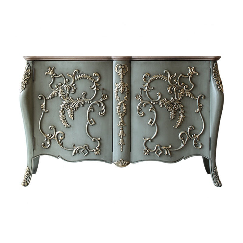 French Country Carved Sideboard Cabinet, Gray Green Wood Buffet Storage Console with Gold Accent Detailing, Vintage Entryway Cabinet for Living Room Dining Room Hallway