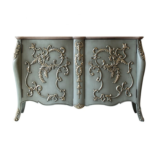 French Country Carved Sideboard Cabinet, Gray Green Wood Buffet Storage Console with Gold Accent Detailing, Vintage Entryway Cabinet for Living Room Dining Room Hallway