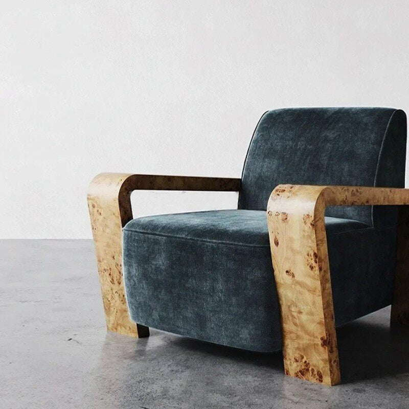 Modern Blue Velvet Accent Chair, Upholstered Lounge Armchair with Curved Solid Wood Arms, Nordic Luxury Single Sofa Chair for Living Room, Bedroom, Hotel Lobby, Reading Nook