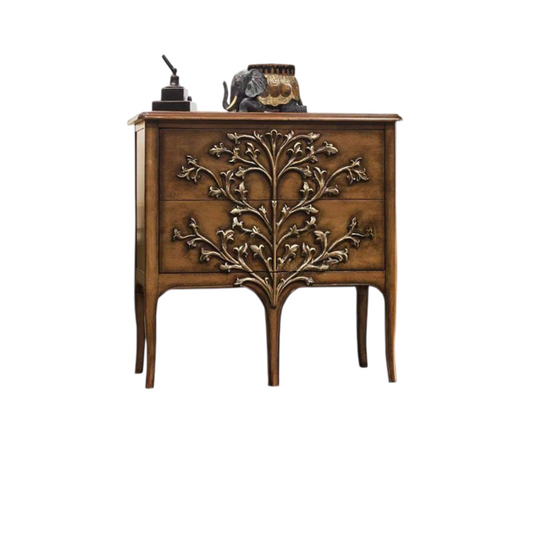 Chestnut Brown Solid Wood 2-Drawer Accent Cabinet, French Neoclassical Entryway Chest with Ornate Tree Carving, Narrow Hallway Storage Cabinet for Foyer, Living Room and Bedroom