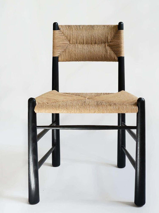 Black Wood Dining Chair with Natural Woven Cord Seat and Backrest, Vintage Style Armless Accent Chair, Rustic Cane Look Kitchen Chair for Dining Room, Cafe, Study Desk, Bedroom, Living Room, and Guest Seating