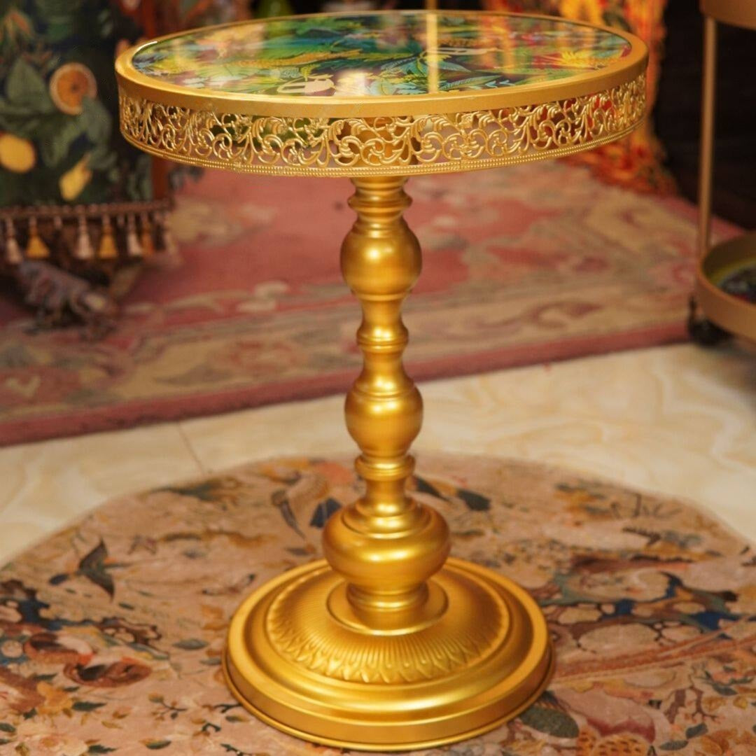 Gold Round Pedestal Side Table, Tropical Botanical Print Accent Table with Decorative Tray Top, Luxury Small Sofa End Table for Living Room, Bedroom, Entryway and Lounge Decor