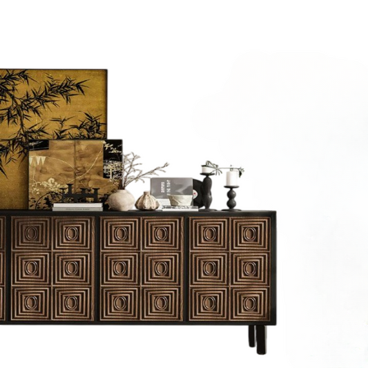 Geometric Carved 3 Door Sideboard Cabinet, Solid Wood Entryway Storage Cabinet, Vintage Style Buffet Credenza with Square Pattern Doors for Dining Room, Living Room and Hallway