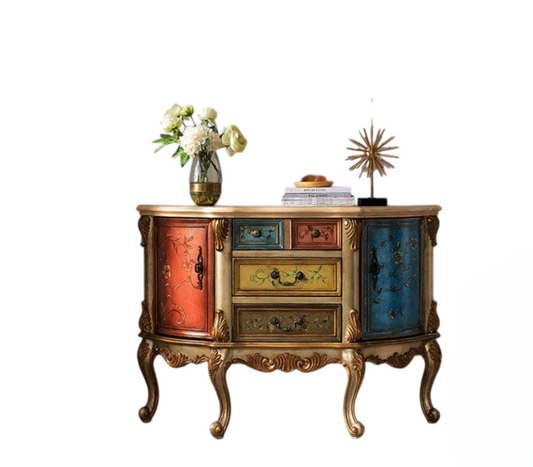 Champagne Solid Wood Sideboard Buffet Cabinet, Vintage Painted 2-Door Credenza with 3 Drawers, Multicolor Floral Fronts, Natural Wood-Grain Top and Cabriole Legs for Dining Room, Living Room, Entryway or Hallway
