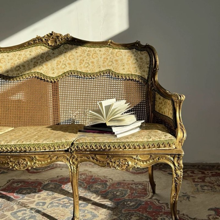 Antique Gold Carved Wood 3-Seat Cane Sofa with Fabric Back
