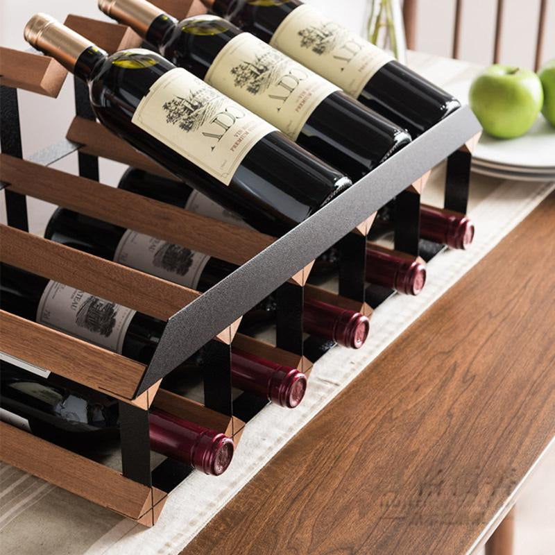 8-Bottle Wood Wine Rack, Countertop Display Holder with Metal Frame