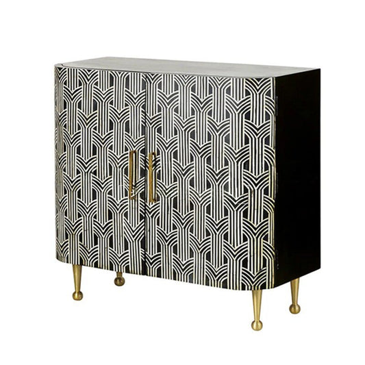 Black and White Geometric Accent Cabinet, Art Deco Style 4 Door Storage Cabinet with Gold Legs, Entryway Sideboard for Living Room, Hallway, Bedroom, Dining Room