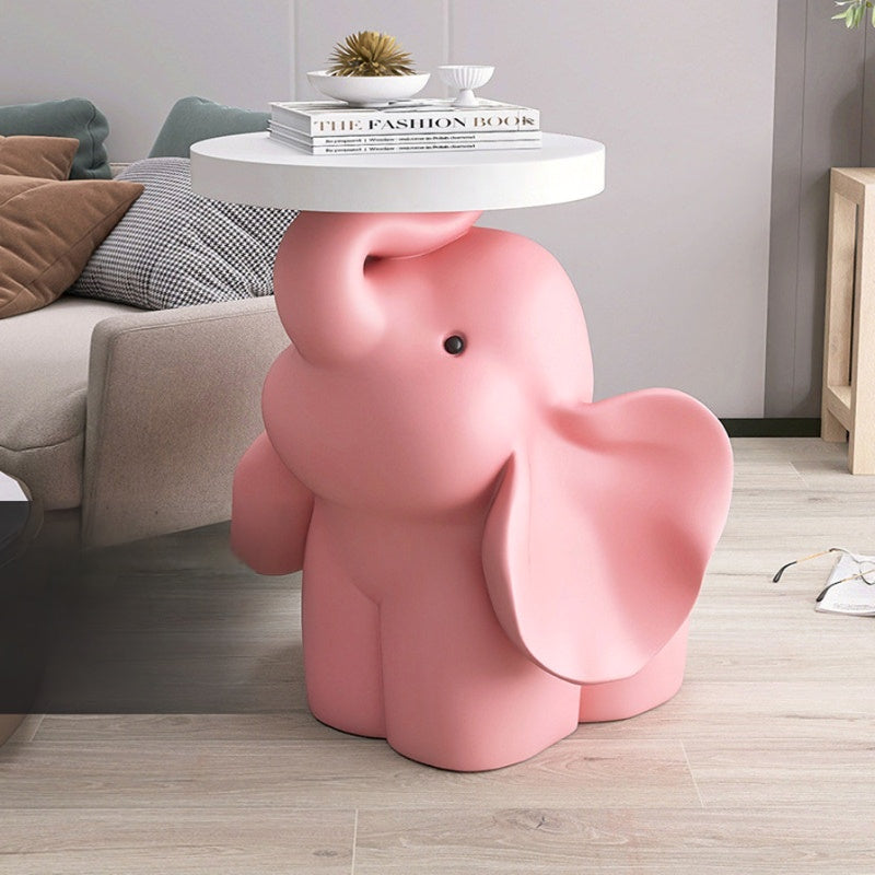 Pink Elephant Side Table, Round Accent End Table, Sculptural Resin Bedside Table for Living Room, Bedroom, Nursery, Sofa Side and Kids Room