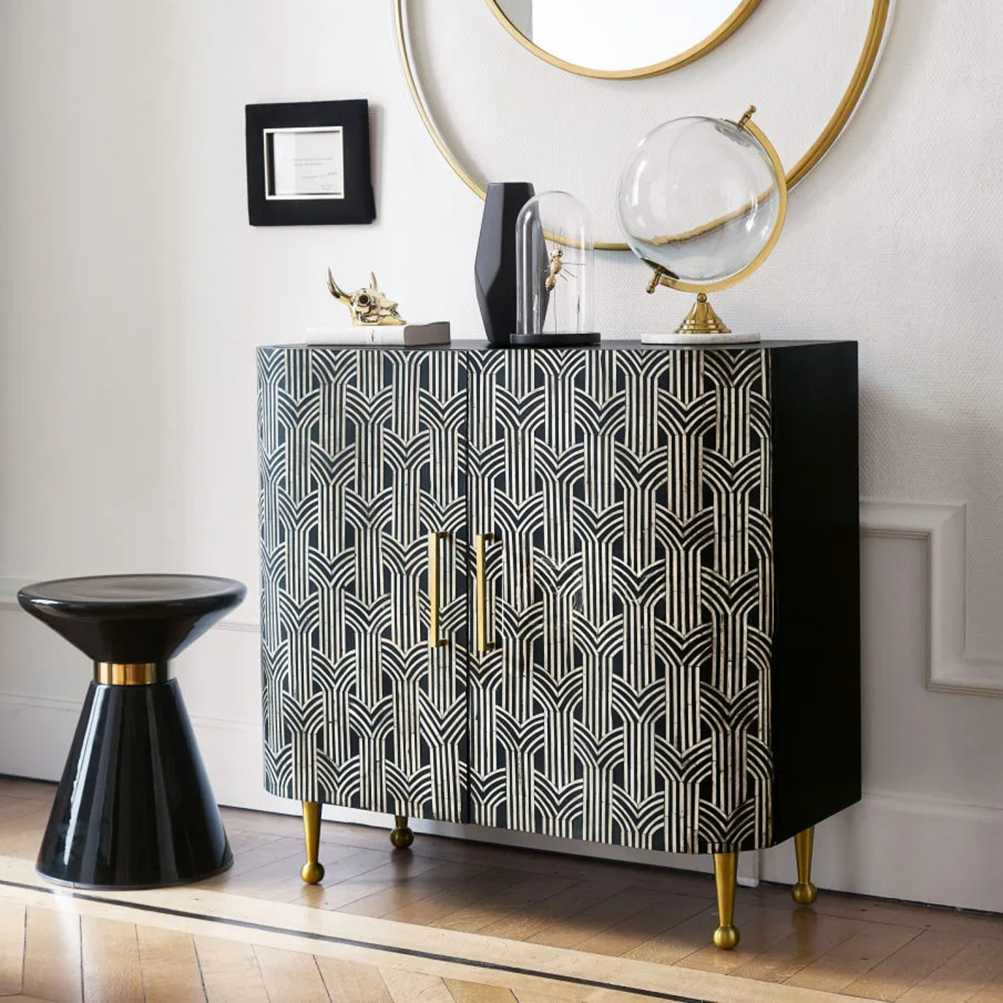 Black and White Geometric Accent Cabinet, Art Deco Style 4 Door Storage Cabinet with Gold Legs, Entryway Sideboard for Living Room, Hallway, Bedroom, Dining Room
