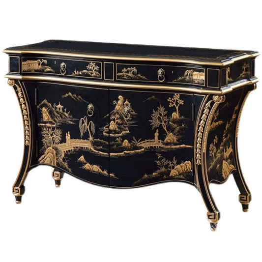Black Chinoiserie Sideboard Cabinet, Hand Painted Gold Landscape Storage Cabinet with Drawers and Doors, Solid Wood Console Cabinet for Entryway, Living Room, Dining Room, Bedroom