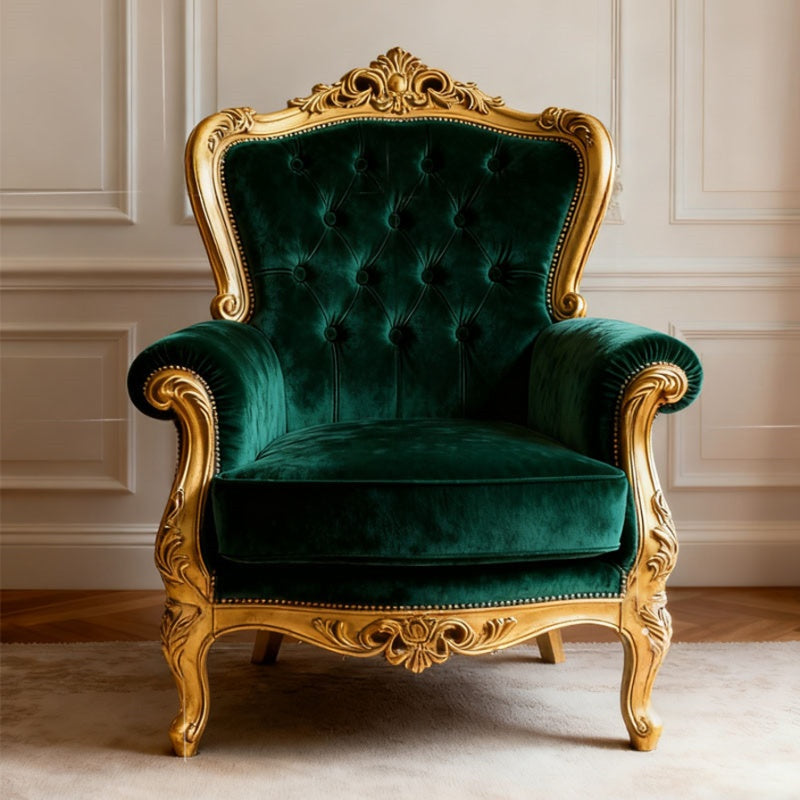 Emerald Green Velvet Accent Chair, French Style Tufted Armchair with Gold Carved Solid Wood Frame, Luxury Single Sofa Chair for Living Room, Bedroom, Lounge, Reading Nook