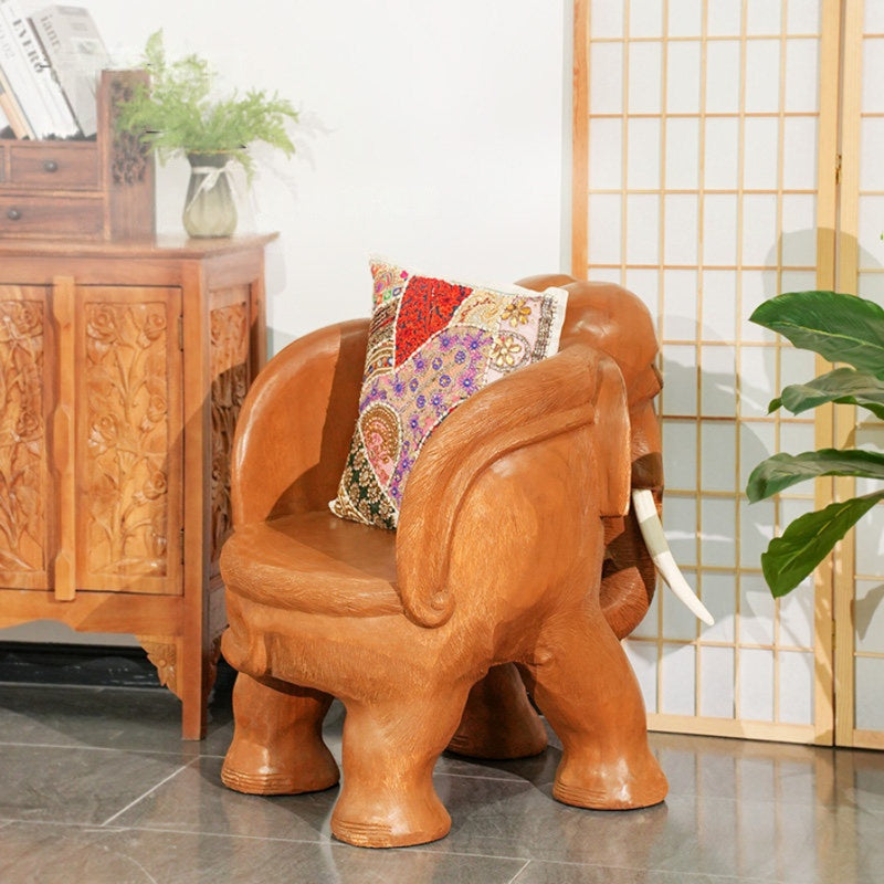 Hand-Carved Solid Wood Elephant Accent Chair, Natural Brown