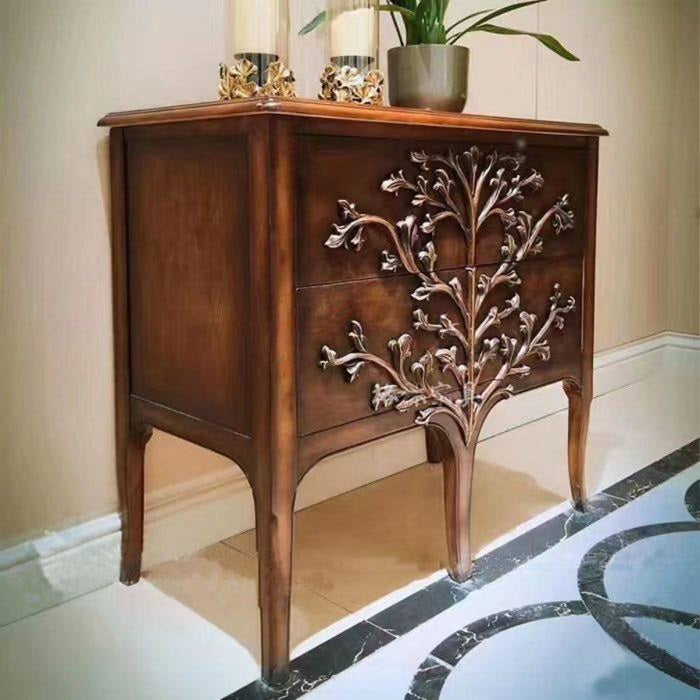 Chestnut Brown Solid Wood 2-Drawer Accent Cabinet, French Neoclassical Entryway Chest with Ornate Tree Carving, Narrow Hallway Storage Cabinet for Foyer, Living Room and Bedroom